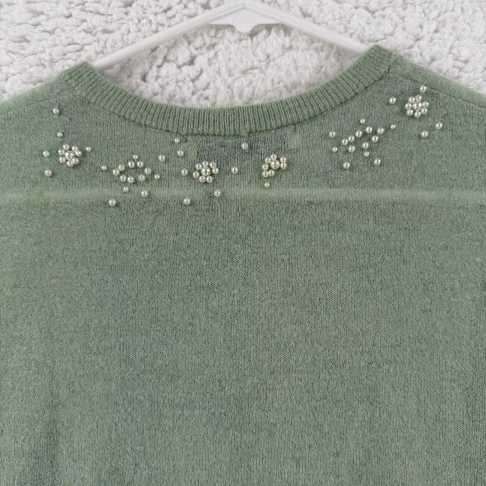 Zara Sweater Womens Small Green Beaded Pearl V Neck Cropped Knit Pullover‎ NWT